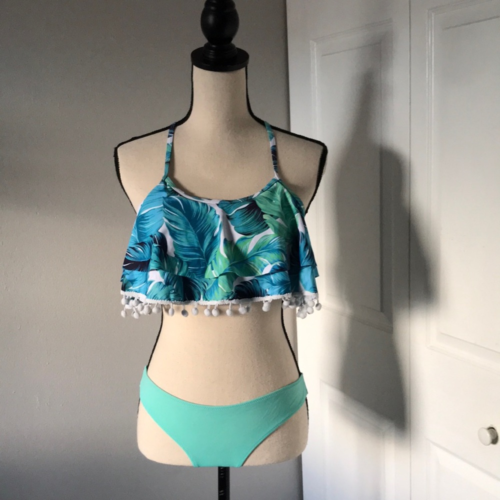 Blue Tropical Leaves Print Bikini Set | S